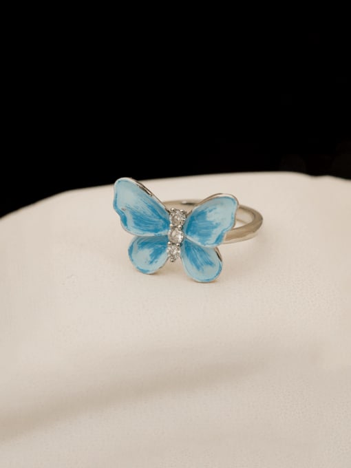 White K Gradient Blue [Open Ring] Brass Enamel Butterfly Minimalist Band Ring